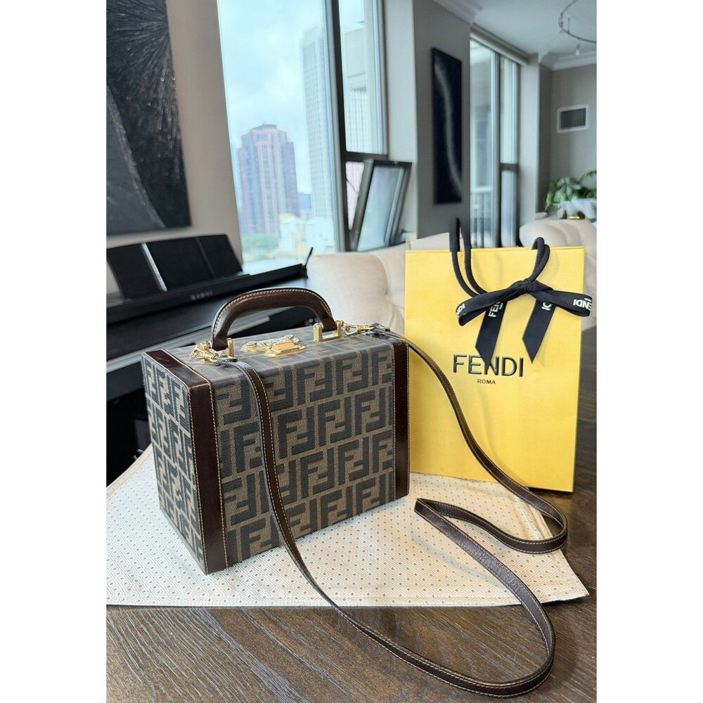 Authentic FENDI RARE Zucca FF Monogram Mini Train Trunk Bag Vanity Crossbody